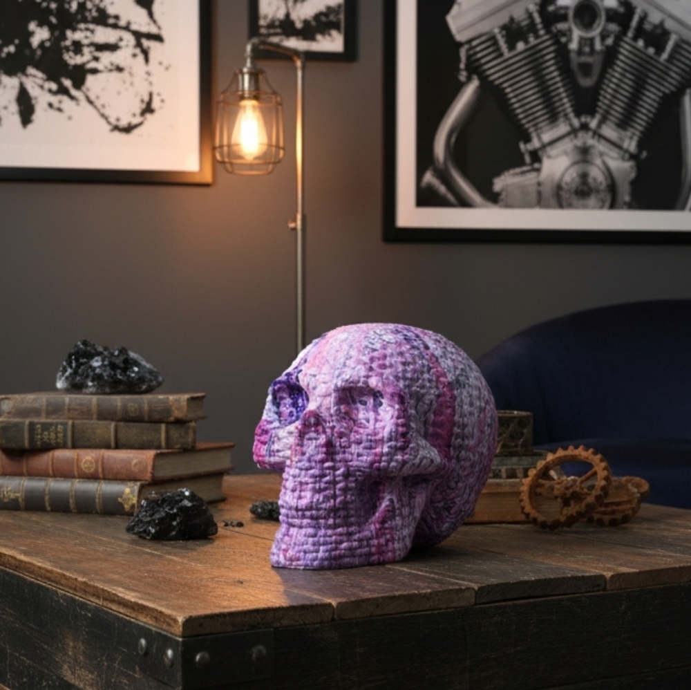 HANDCRAFTED Upcycled Purple Plastic Skull Head HANDPAINTED Tabletop Art Decor